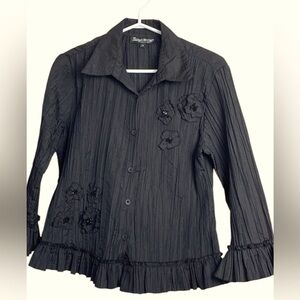 Tango Mango Deep Black, Long Sleeve Party Blouse w Ruffles and Embellishments